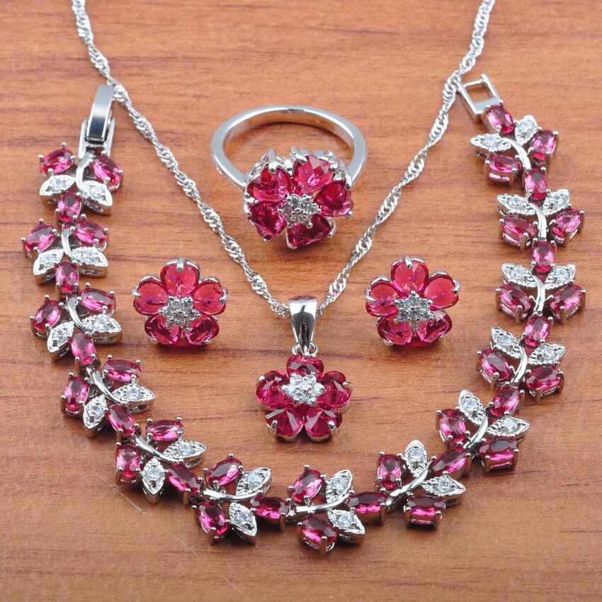 Zilver Kleur Sieraden Set Best Rode Zirconia Bloem Voor Vrouwen Oorbellen Ketting Hanger Ringen Armband Set JS0542