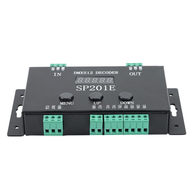 Sp201e rgb-led-pixel-streifen-controller mit dmx- 512- decoder, unterstützt 3072 kanäle und ist mit einer vielzahl von ics kompatibel.
