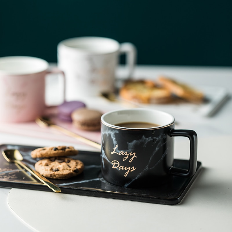 Keramische Kopje Koffie Met Handvat Gouden Lepel Afternoon Tea Set Marmer Patroon Met Gouden Rand Melk Koffie Cup Nordic Creatieve