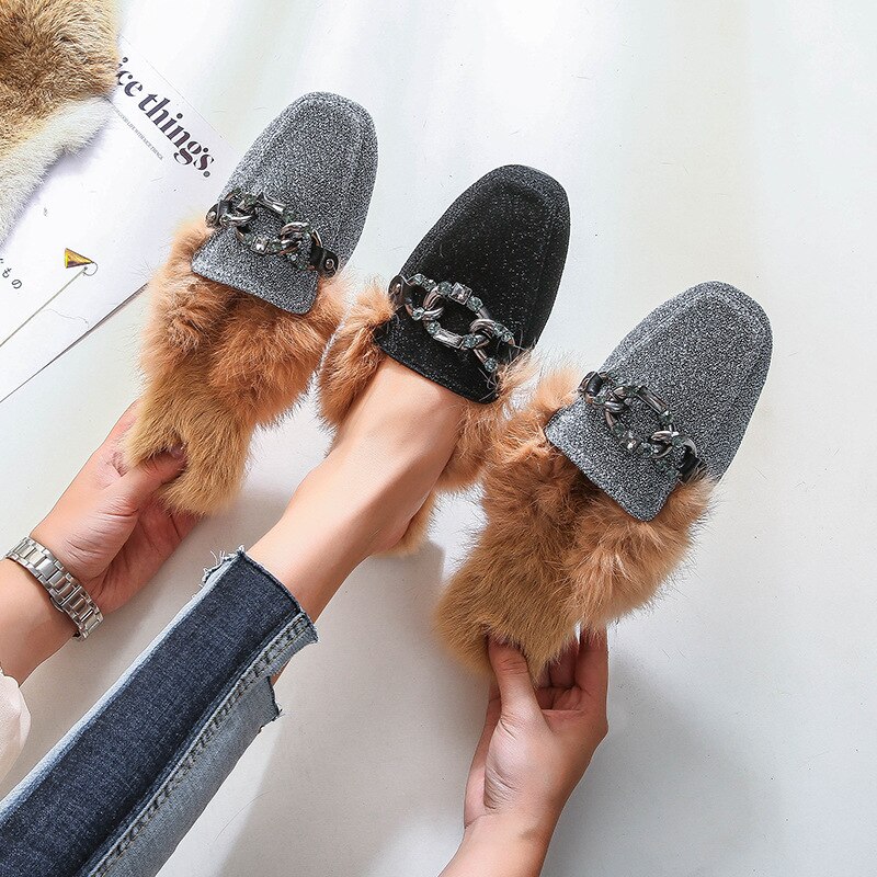 Women Glitter Slides Home Winter Fur Slippers Paillette Furry Flipflops Ladies Low Square Heels Mules Cover Toe Rabbit Fur Shoes