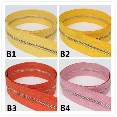 5#  zilveren metalen ritsen, enkele open einde, geelgoud, oranje, roze, fuchsia, paars, metalen rits, rol, 10 meter, veel
