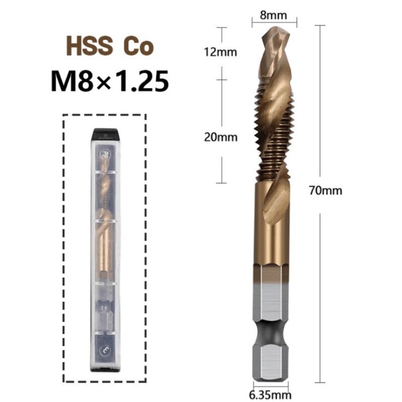 Combination 1/4" Hex Twist Tap Drill HSS M3-M10 Bit Screw Countersink Hexagonal Handle Metric Taps Cobalt Plated