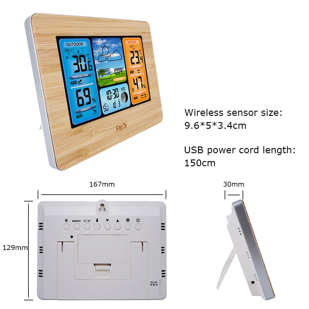 FJ3373 Wall Desk Alarm Clock Weather Station Digital Thermometer Hygrometer Wireless Sensor Forecast Temperature Watch