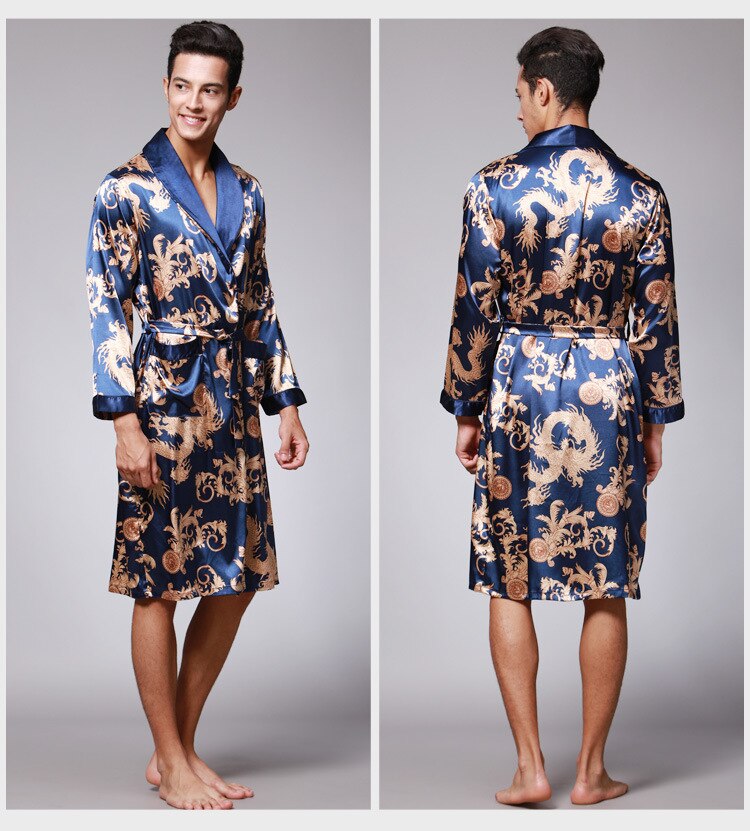 Albornoz de seda para hombre, Kimono de manga larga, pijama con estampado de Dragón de la suerte chino, ropa de dormir para el hogar