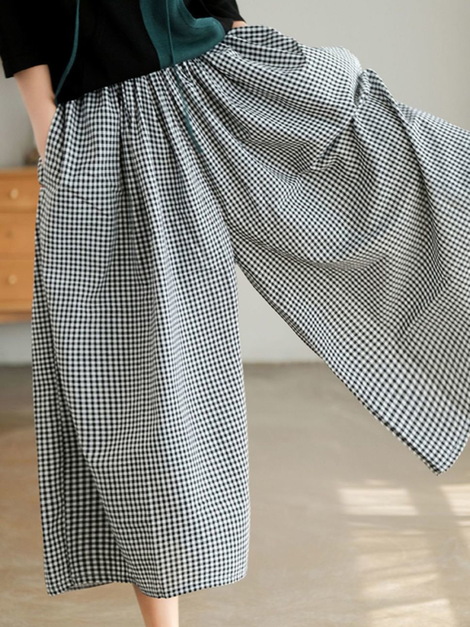 Woman Dress Plaid Pants Thin Cotton Linen Wide Leg Trousers Women Summer High Waist Baggy Jogger Pants Sweatpants