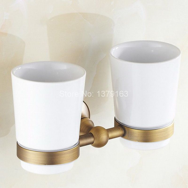 Retro antieke bronzen vintage messing badkamer badbekerhouder met dubbele keramische beker wandmontage aba 145