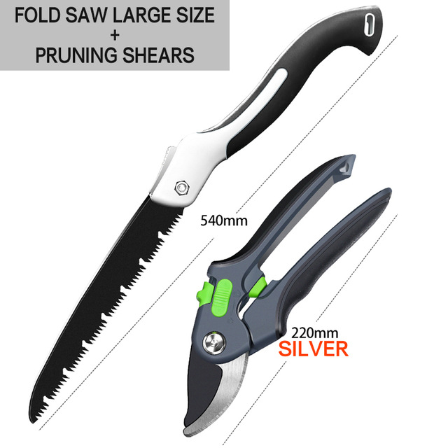 DTBD Gardening Pruning Shears Set Plant Trim Fruit Shears Multi-Function Tree Scissor Garden Shears Set 540MM Saw Hand Tool: Silver 540MM Saw Set