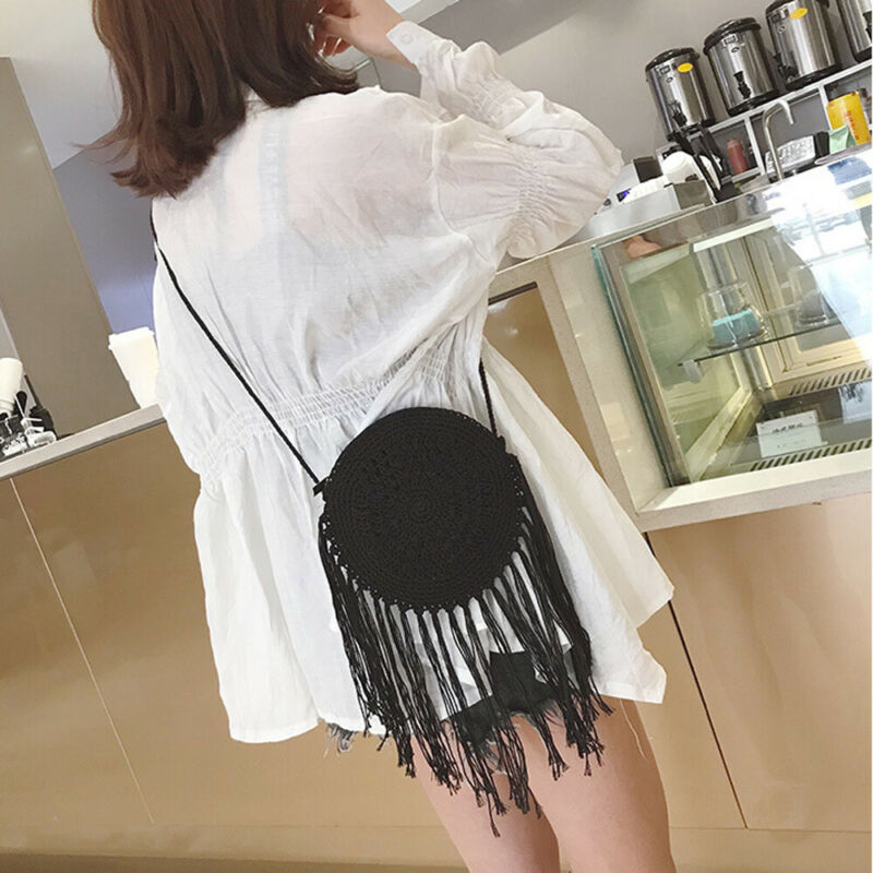 Dames handtassen ronde strozak dames tas met kwastje crossbody tas geweven rotan messenger bags handtas effen tas met kwastje: Zwart