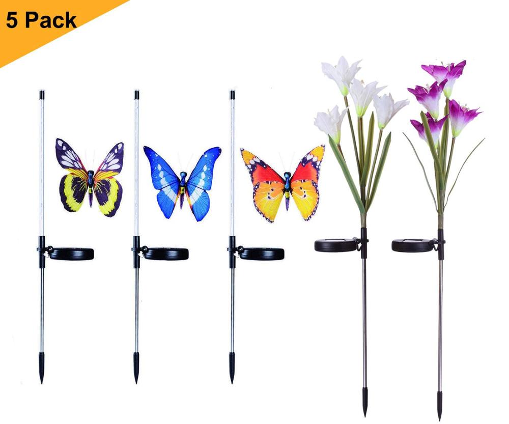Vandtæt soldrevet sommerfugl liljer farverigt landskabsbelysning til hegn græsplæne have jul dekorativt lys: 5 stk