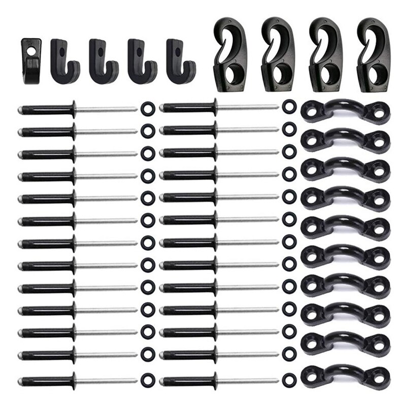 Kayak Pad Eye Kit Kayak Nylon Bungee Deck Loop with Hooks Clips Screws Rivets Cord End Hooks for Kayaks Canoes Boats: Default Title