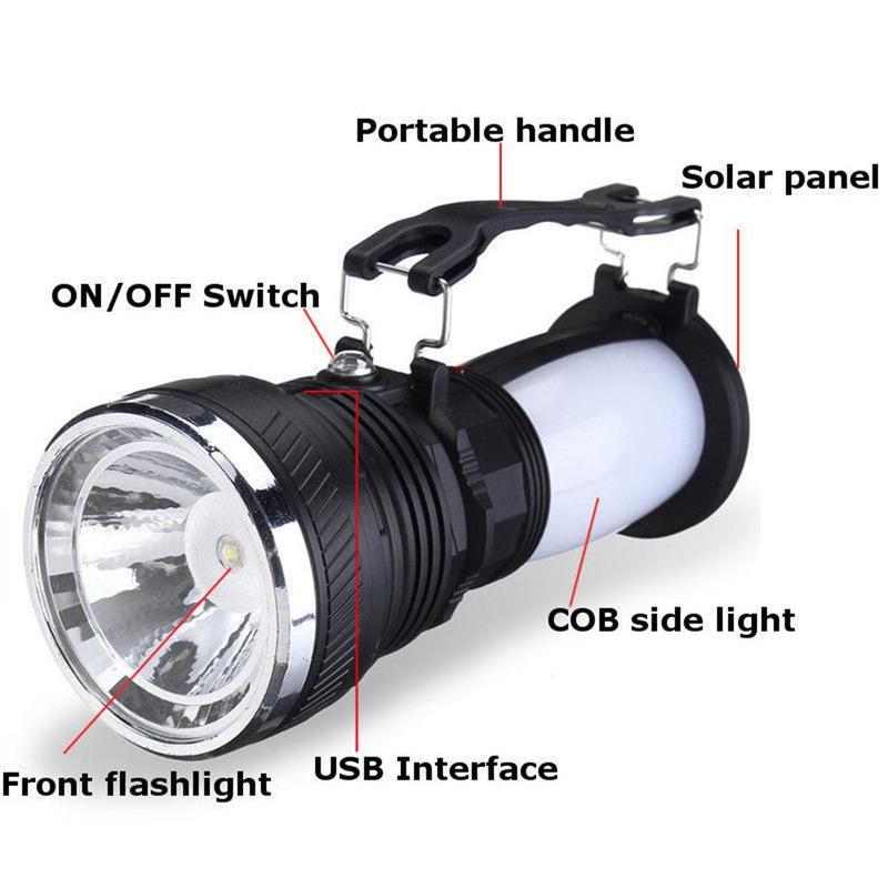 Outdoor Camping Lighting High Power Emergency Light Solar Rechargeable Black Searchlight LED Flashlight T3T0