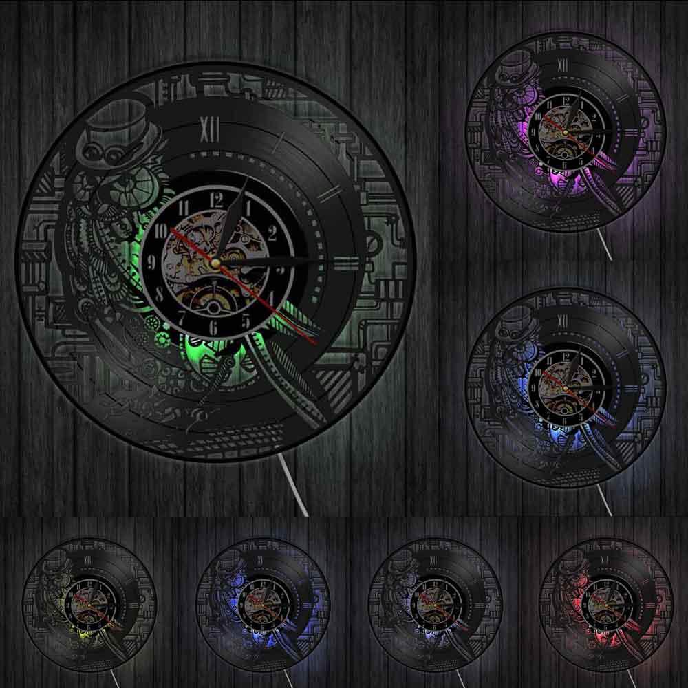 Steampunk ugle vinyl rekord led let væg ur ornamenter ur gear og tandhjul væg ur lavet af ægte vinyl plade