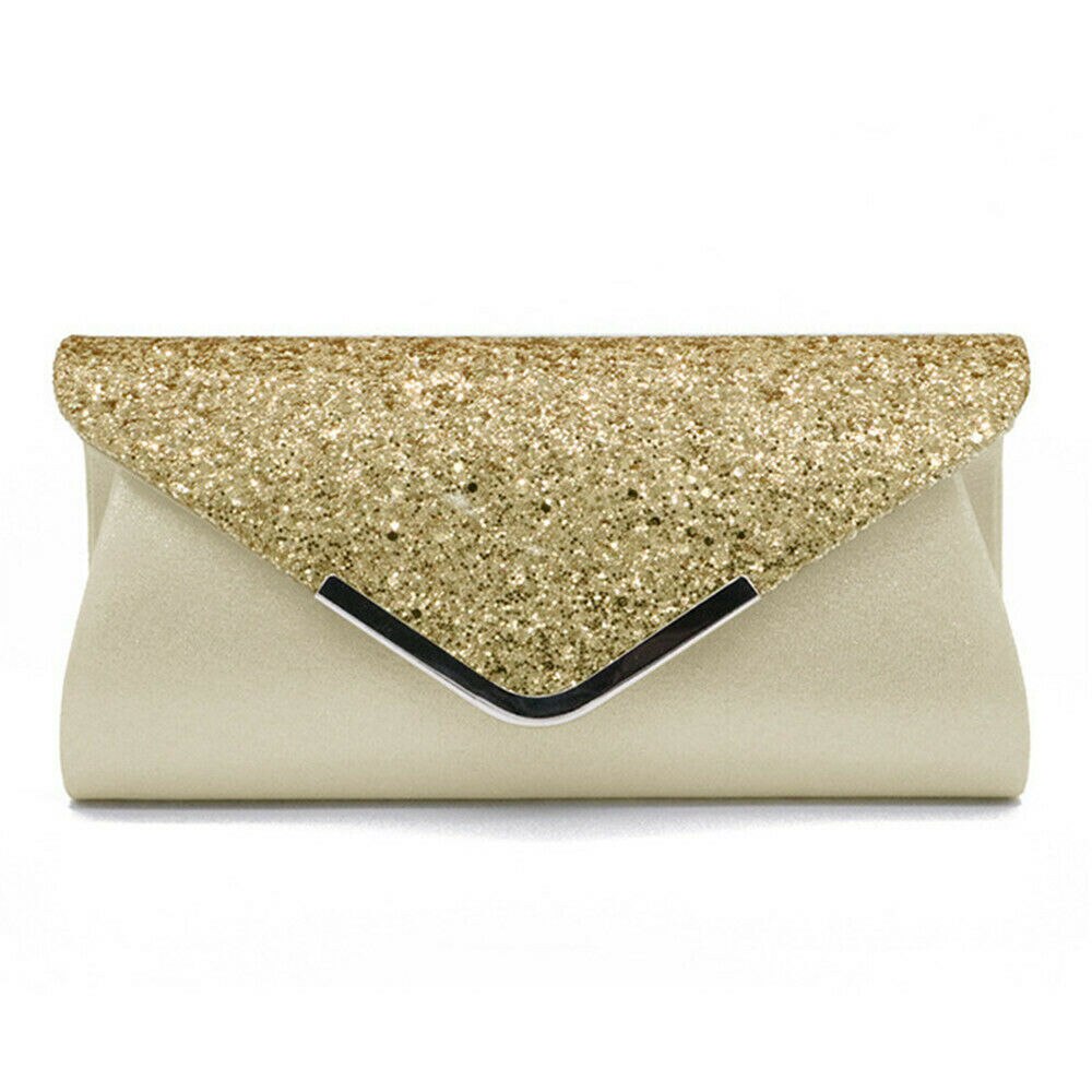 Noenname kvinders glitter shimmer kuvert damer pailletter aften fest prom smart jane clutch taske håndtaske: Guld