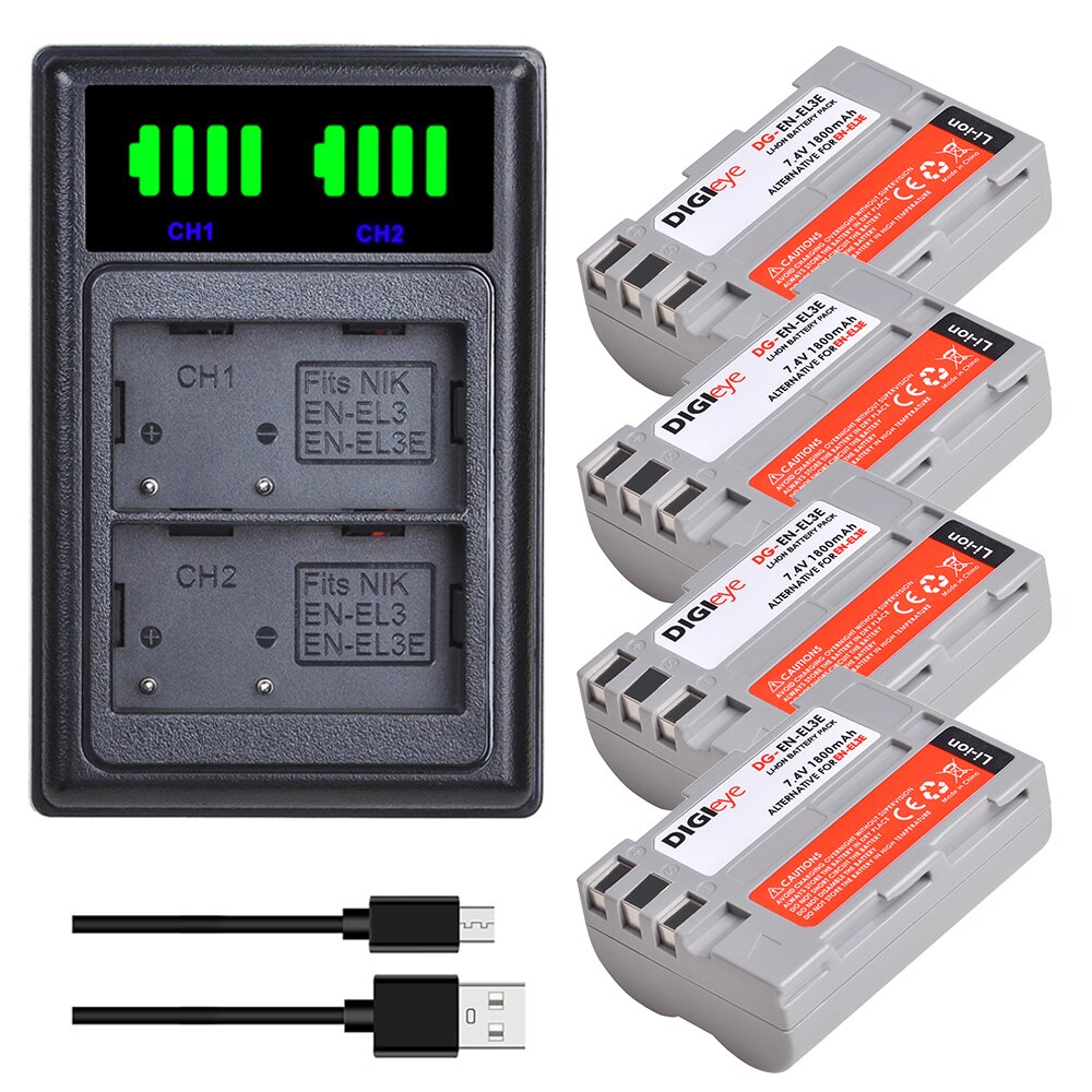 EN-EL3e EN EL3E EL3 Battery + LED Dual USB Charger for Nikon D50, D70, D70s, D80, D90, D100, D200, D300, D300S, D700 Camera: 4 battery set