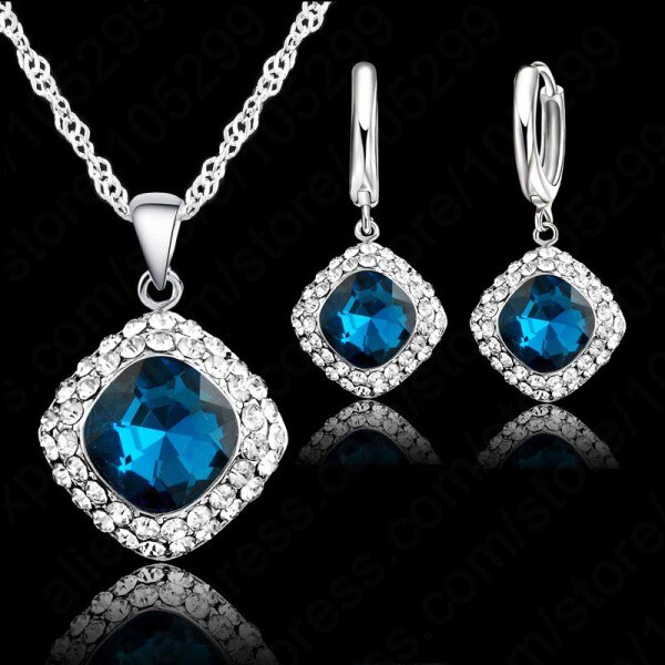 Vrouwen Heetste 925 Sterling Zilveren Sieraden Sets Classic Kleurrijke Ketting Oorbel Set Zirkoon Sieraden Voor Engagement: Blue Zircon