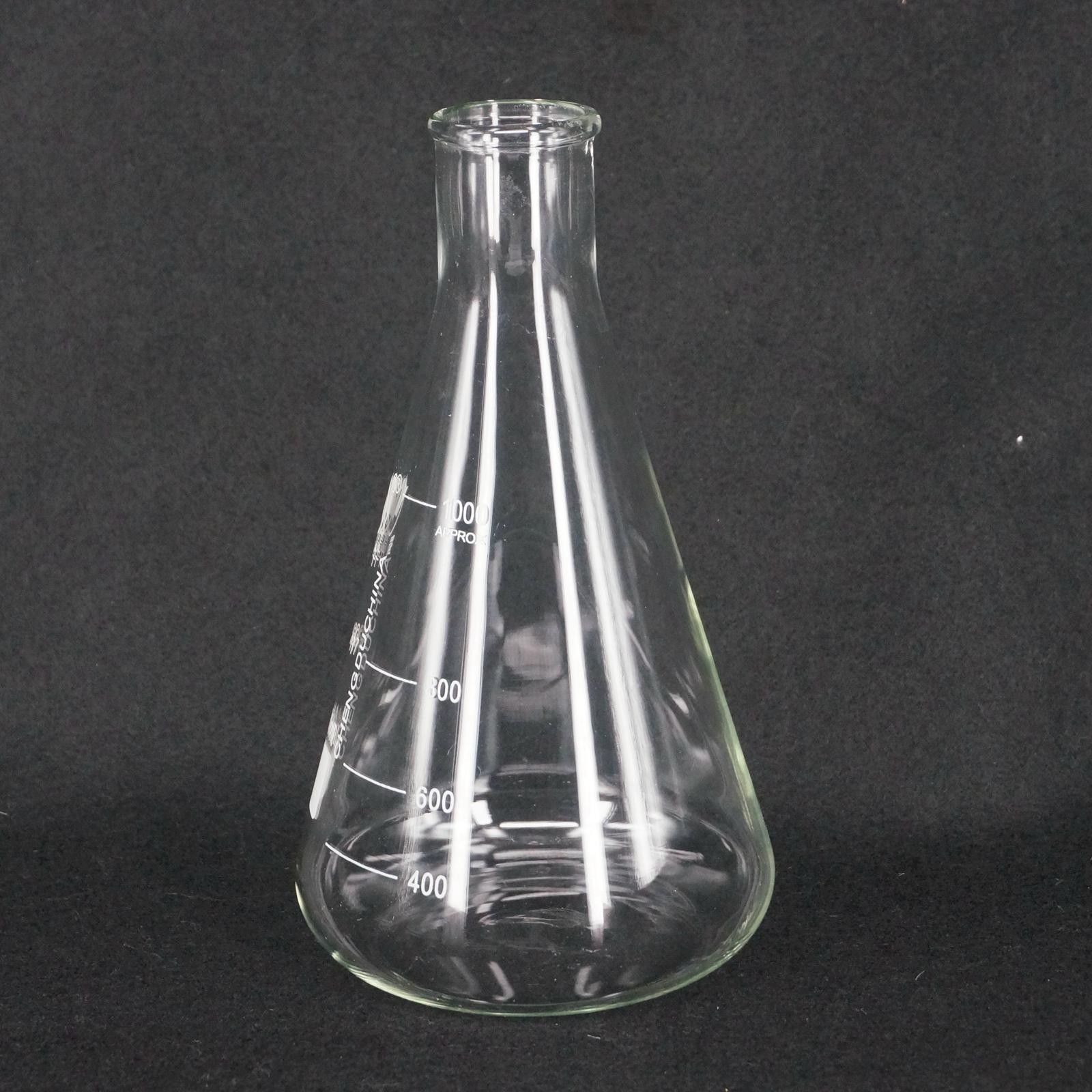 Matraz Erlenmeyer cónico de vidrio borosilicato de cuello estrecho de 1000ml para laboratorio químico