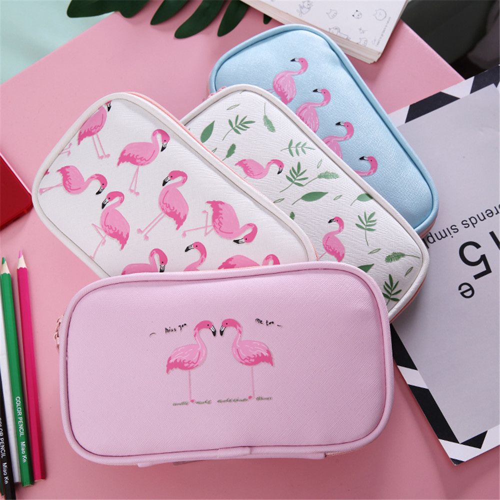 Tegneserie flamingo penalhus pu stor kapacitet lynlås blyantboks bærbar opbevaringspose kawaii papirvarer studerende pen taske