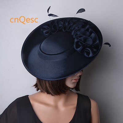 Stor matt satin fascinator sinamay hattar formell klänning hatt för bröllop damhatt lopp .qf118: Marinblå