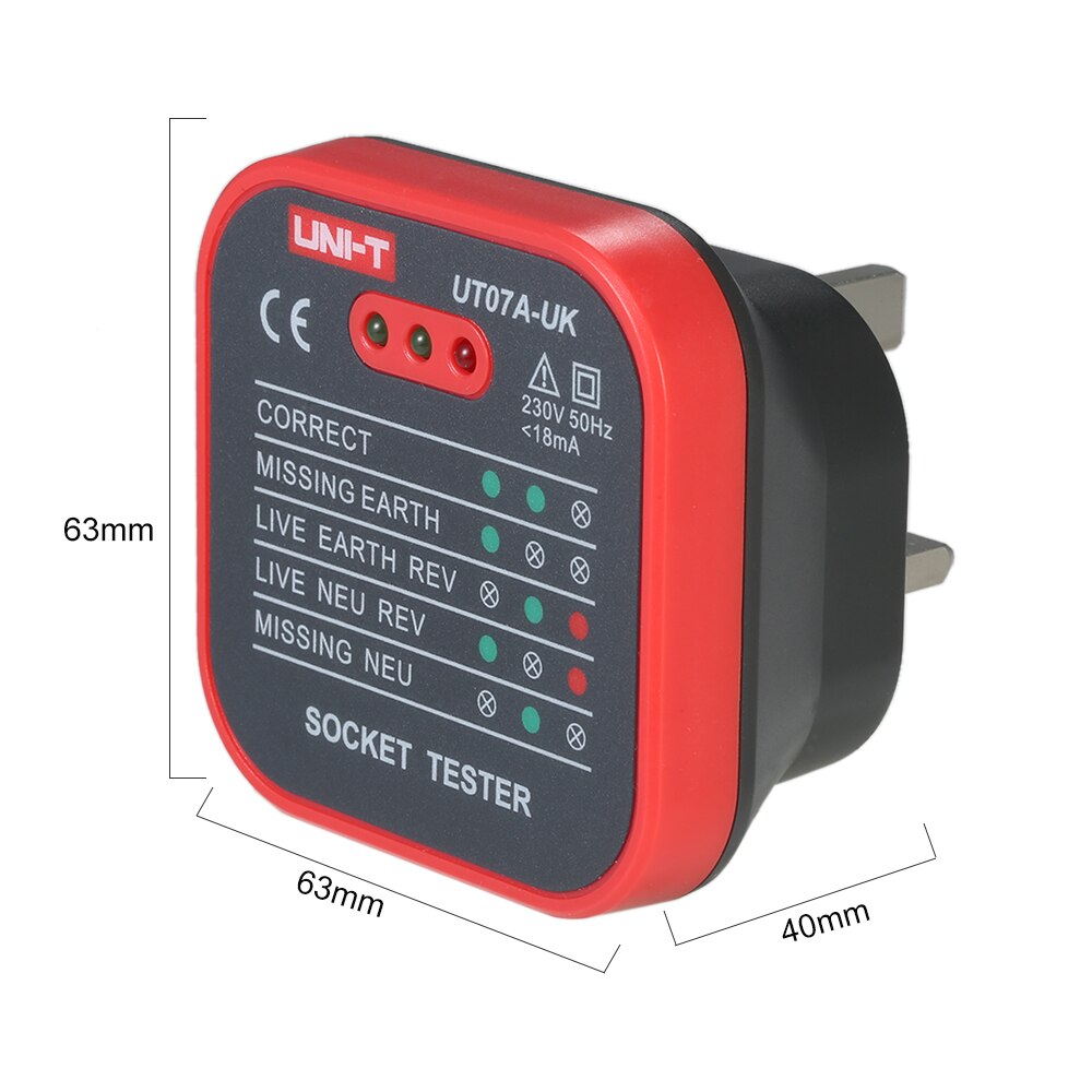 Uni-t  ut07a- uk socket tester fase strøm polaritetsdetektor jord nul neutral firewire socket elektroskop lækage