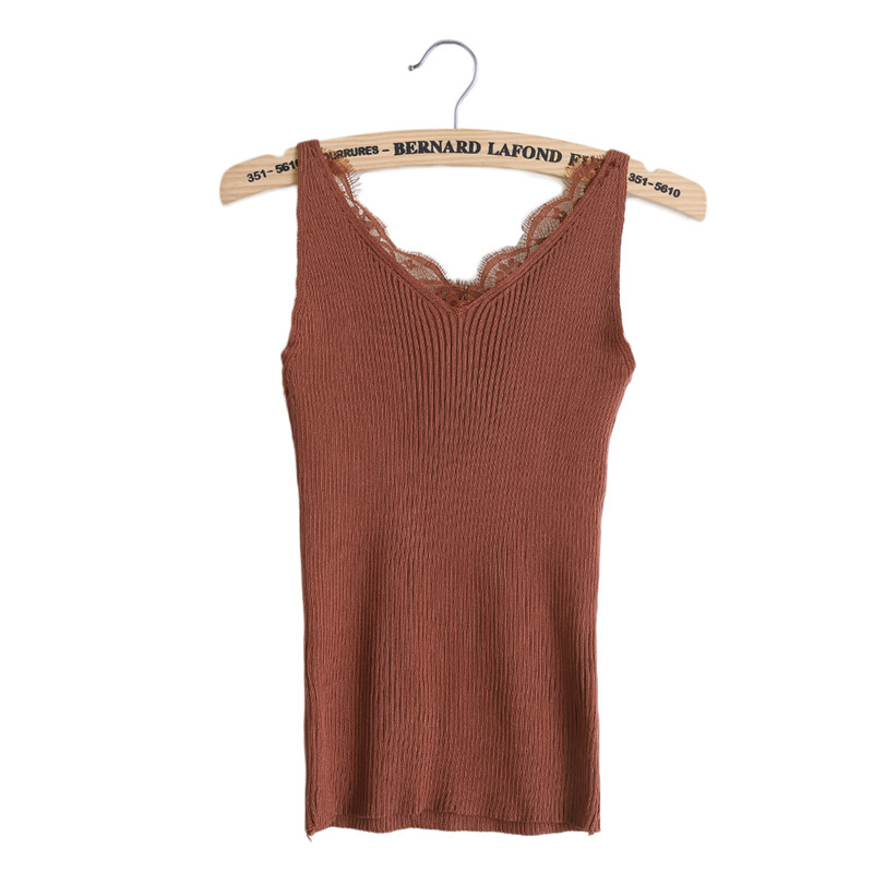 Sexy Vrouwen Plain Hemdje Lace Splicing Dubbele V-hals Vest Slim Sling Tank Tops: dark red