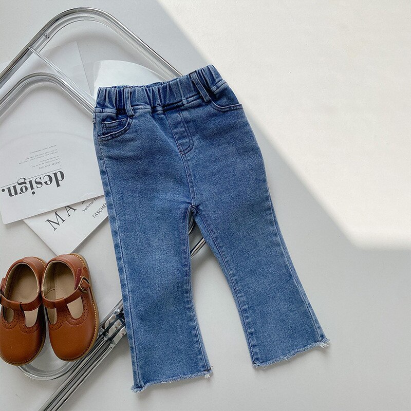 Herfst schattige meisjes elastische franjes uitlopende broek 1-7 jaar kinderen effen kleur denim broek meisje katoenen casual all-match jeans
