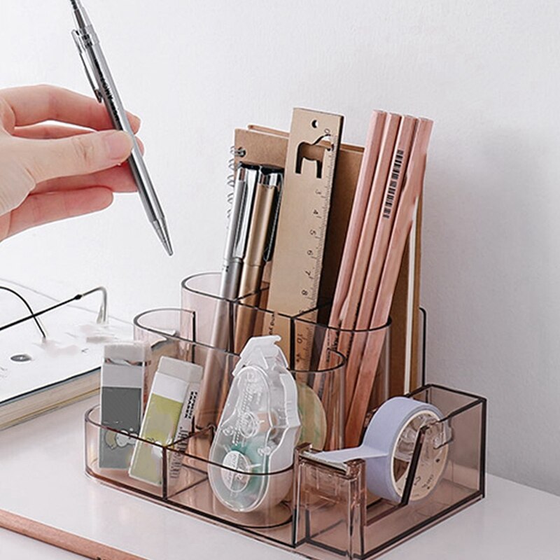 Multifunction Plastic Pen Holder Square Pencil Holder Book Stand Tape Dispenser Office Desktop Stationery Organizer Storage Box