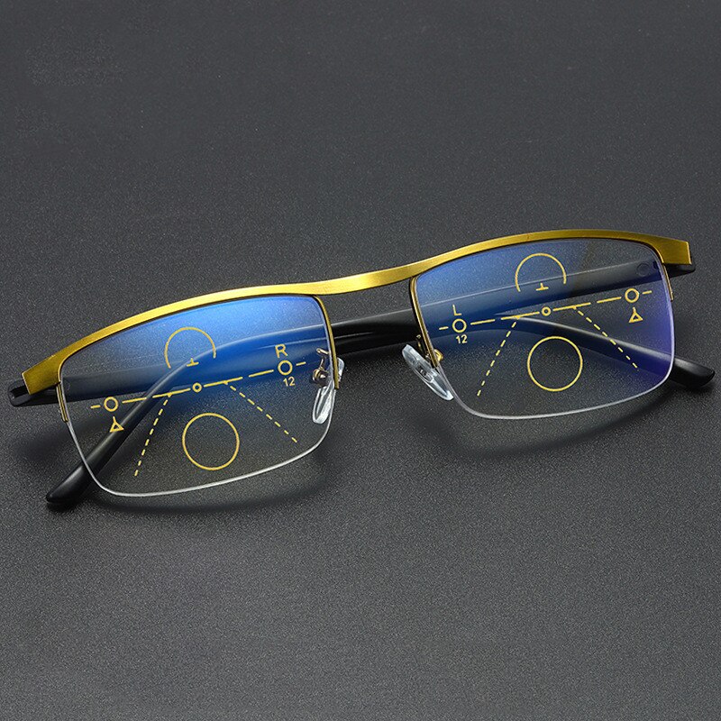 Men Women Progressive Multifocal Reading Glasses Bifocal Magnifying Presbyopic Glasses Metal Anti Blue Ray Square Frame 2.0