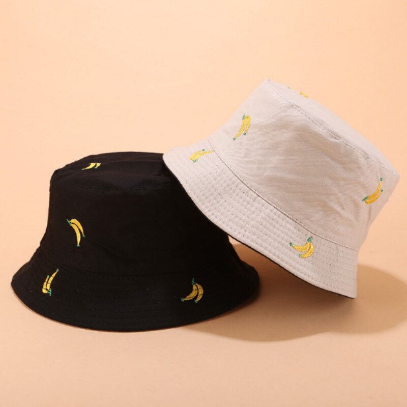 Banaan Omkeerbare Emmer Hoed Hip Hop Vrouwen Twee Side Dragen Fruit Borduurwerk Lente Panama Vrouwelijke Katoen Vissen Zomer Hoed Zonnehoed: khaki black