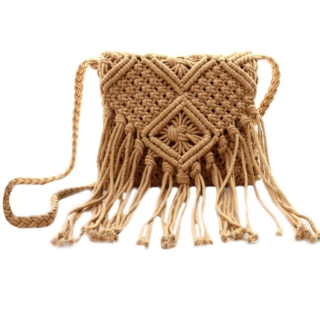 LJL Fringe Tassel Crossbody Shoulder Bag Woven Handmade Boho Beach Travel Handbag for Women: Brown