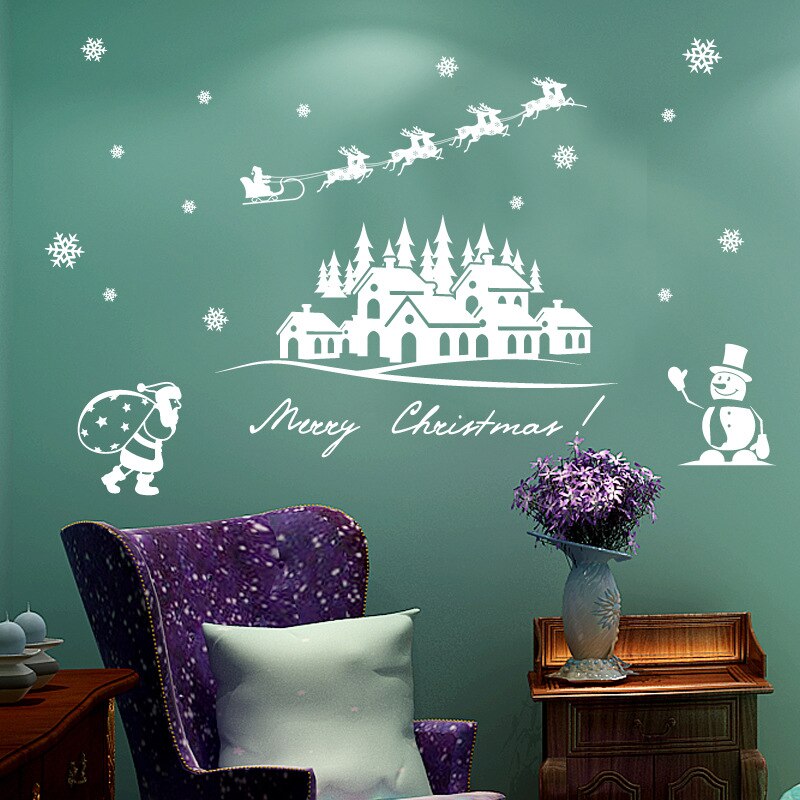 60*45cm Removable Christmas Wall Stickers DIY Window Mural Decals Xmas Merry Santa Snowflakes Wallpaper Home Decorations