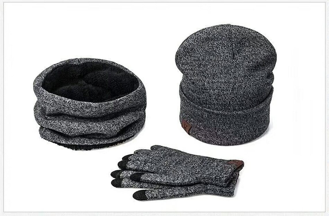 Zou.Rena sombreros de invierno bufandas guantes Conjunto de de Punto más terciopelo sombrero bufanda conjunto Kit masculino 3 unids/set gorros bufanda guante: Gris