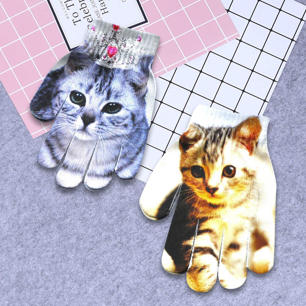 Novidade crianças luvas de inverno quente 3d animal impressão malha kitty pet bonito luvas de inverno crianças à prova dwaterproof água handschoenen @ 35