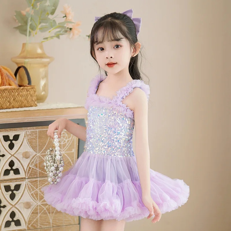 Falda de tul estilo princesa, bonito vestido de actuación para niña, ropa de verano para niños, vestido de baile de cuento de hadas, traje para niña pequeña: Morado / 6M