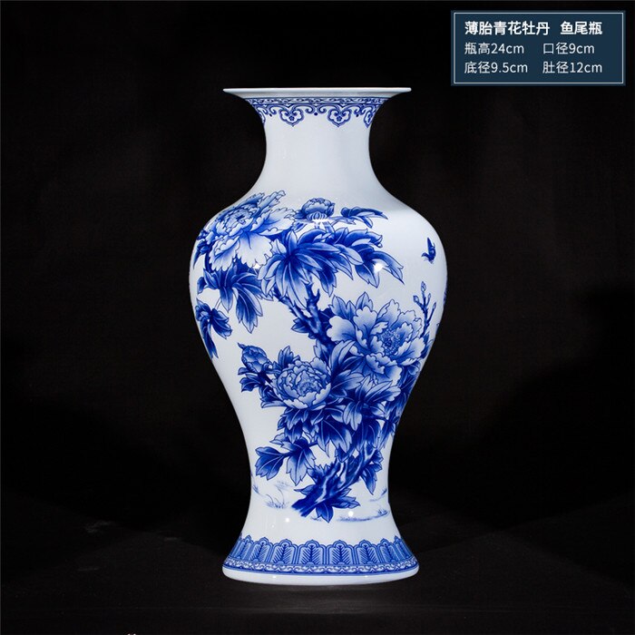 Kinesisk stil jingdezhen blå og hvid porcelæn vaser fine ben porcelæn vase pæon dekoreret keramik vase: D