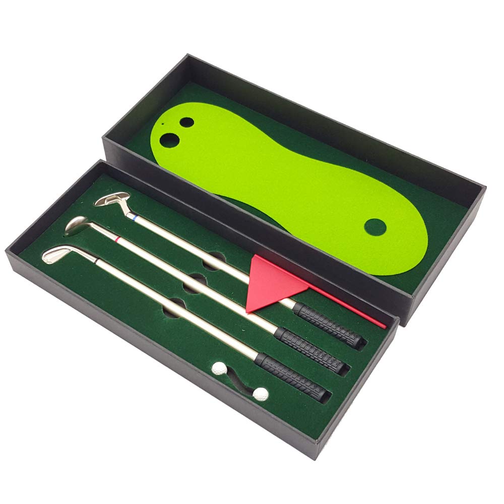 Golf Pen Set Desktop Goft Mini Green Driving Range with Metal Golf Club Pens Balls and Flag: Green Pens Set