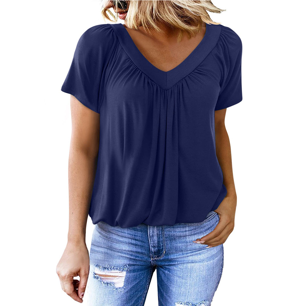 Summer TK Women's V-neck Folded Loose Short Sleeve Solid Color T-shirt Women's Top Comfortable, Casual and Versatile: M / DEEP BLUE