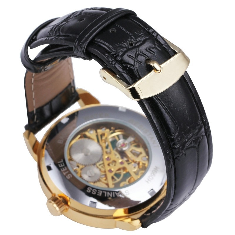 Forsining 3d logo holle graveren black gold case skeleton mechanische mannen horloges heren lederen band heren horloge