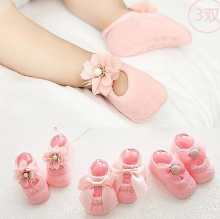 Baby Cotton Spring Newborn Baby Girl Kids Sock Flower Bowknot Lace Anti Slip Summer Sock Ribbon Children Slipper: Pink 3pair / 0 to 1year