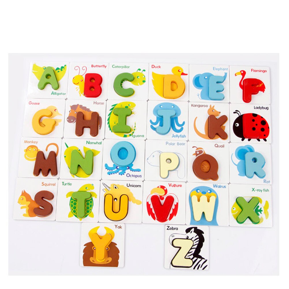 26Pcs Wooden Alphabet Letters Animal Match Puzzles Cards Preshcool Learning Toy