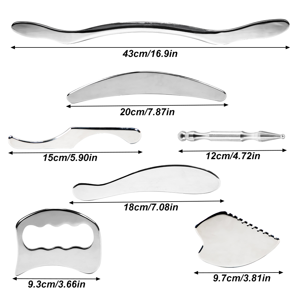 Juego de herramientas de masaje para raspar Gua Sha de acero inoxidable, para espalda, piernas, brazos, cuello, hombros y todo el cuerpo, 1/4/7 Uds.