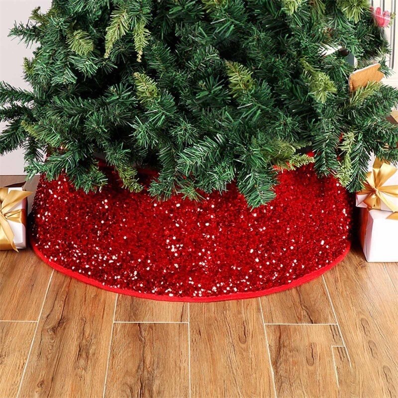 H7ED 30 inch Red Base Sequin Christmas Tree Collar Around Xmas Tree Skirt Home Decor