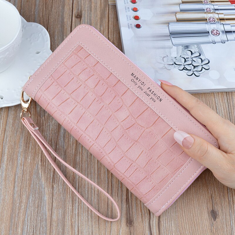 Nueva cartera larga de para mujer, bolso de mano con de cocodrilo y cremallera, Cartera de piel suave de gran capacidad, bolso para teléfono móvil: Pink