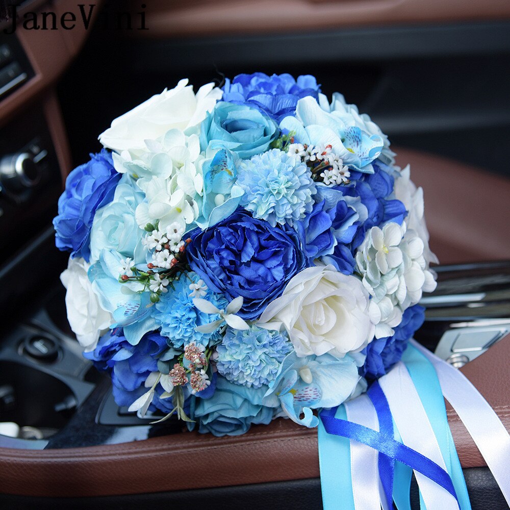 JaneVini Bouquet de fleurs bleues Bouquets de mariage mariée demoiselle d'honneur soie artificielle fleurs de mariée pivoine artificielle mariage