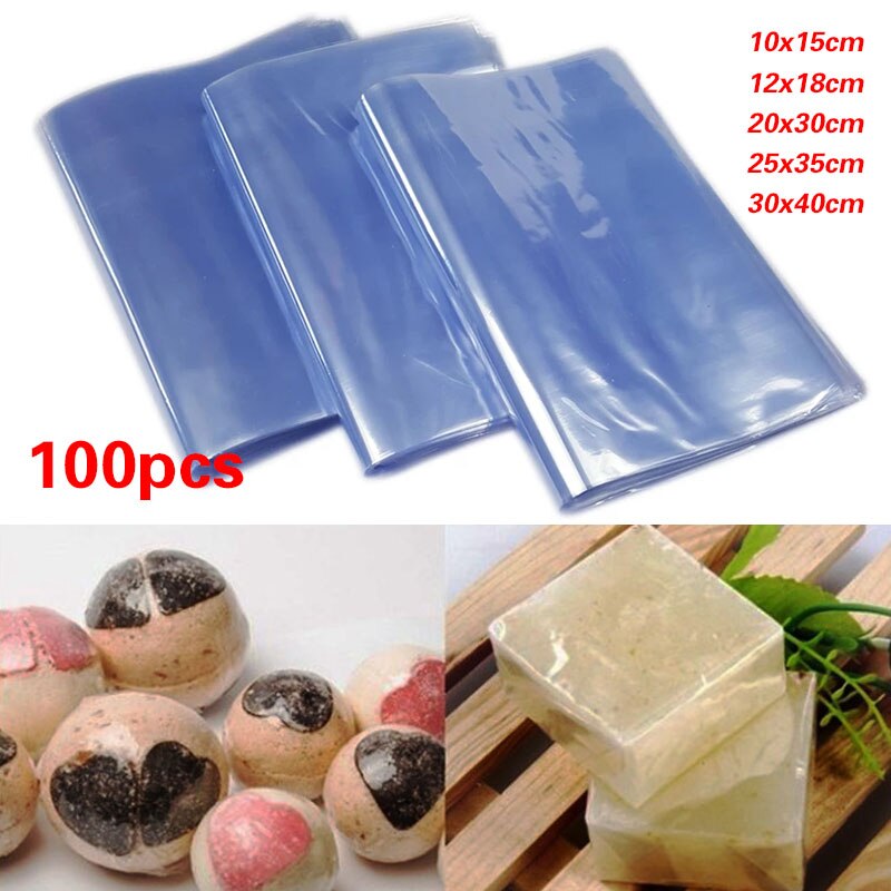 100 PCS PVC Shrink Wrap Bags Clear Membrane Plastic For Soaps Bottles Bath Bombs Packaging Baskets 5 Sizes