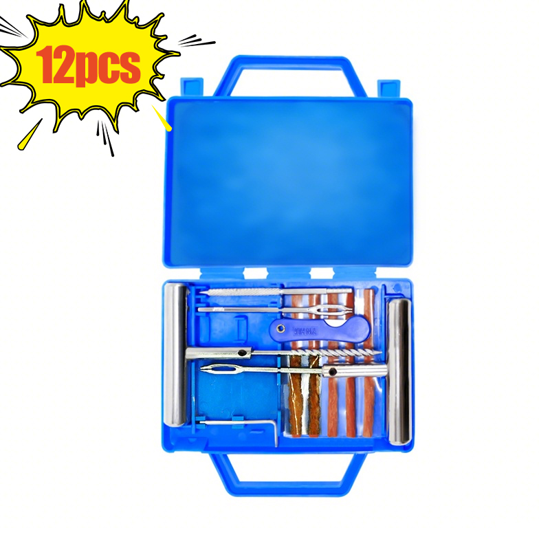 Zestaw narzędzi robić naprawy opon samochodowych, narzędzia robić naprawy przebić opon, konserwacja samochodowa, gumowe paski, kołki, korki, akcesoria robić naprawy opon rowerowych i motocyklowych.: Niebieski
