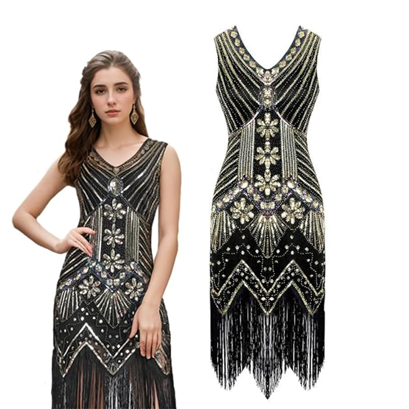 1920er-Jahre-Flapper-Kleider für Damen, Fransen-Pailletten, tolles Gatsby-Kleid für Damen mit 20er-Jahre-Accessoires, Roaring 20s-Kostüm: XXXL / Beige
