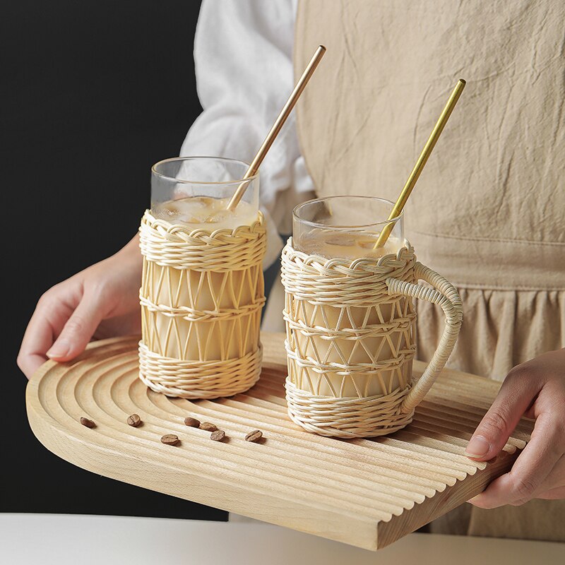 råtnende glass kopp beskyttende etui håndtak japansk stil håndlagde hjem glass kopper naturlig kurvvev vann kopp kjøkken forsyninger