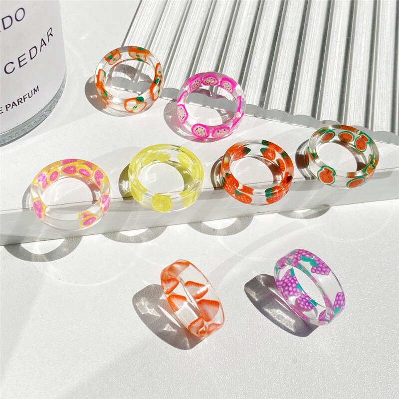 Anillos de resina transparente hechos a mano para niñas, joyería geométrica redonda de limón y fresa, de