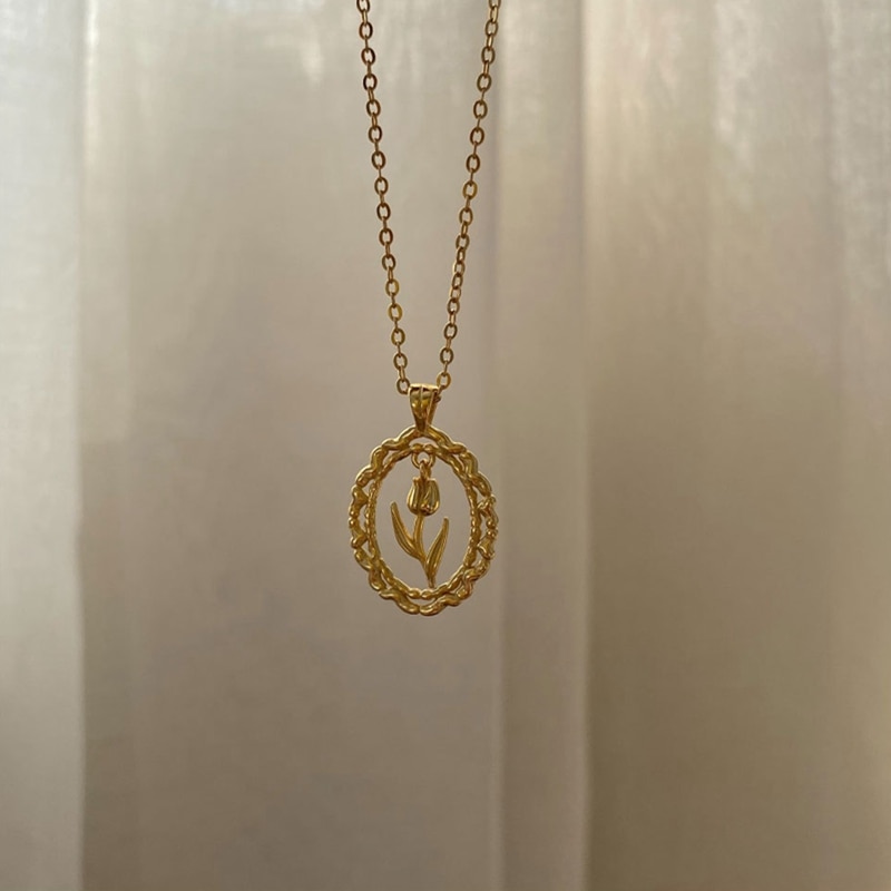 Collar de plata de ley 925 de plata de ley plateada con forma de flor de tulipán, collar de oro y para mujer, joyería de cumpleaños