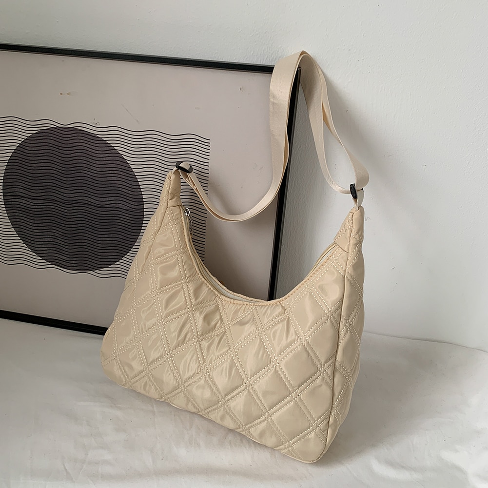 Lattice Pattern Shoulder Bag Space Cotton Handbag Women Large Capacity Tote Bags Feather Padded Ladies Quilted Shopper Bag: 31x26x10cm Camel